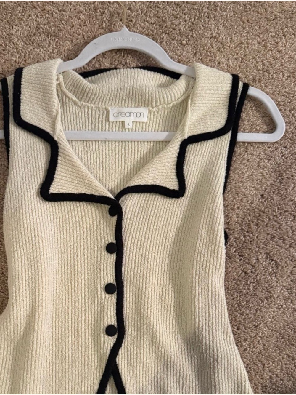 Cream Sleeveless Knit Sweater Vest with Black Trim